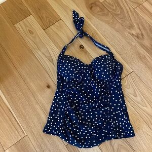 Navy and white polkadot swim top